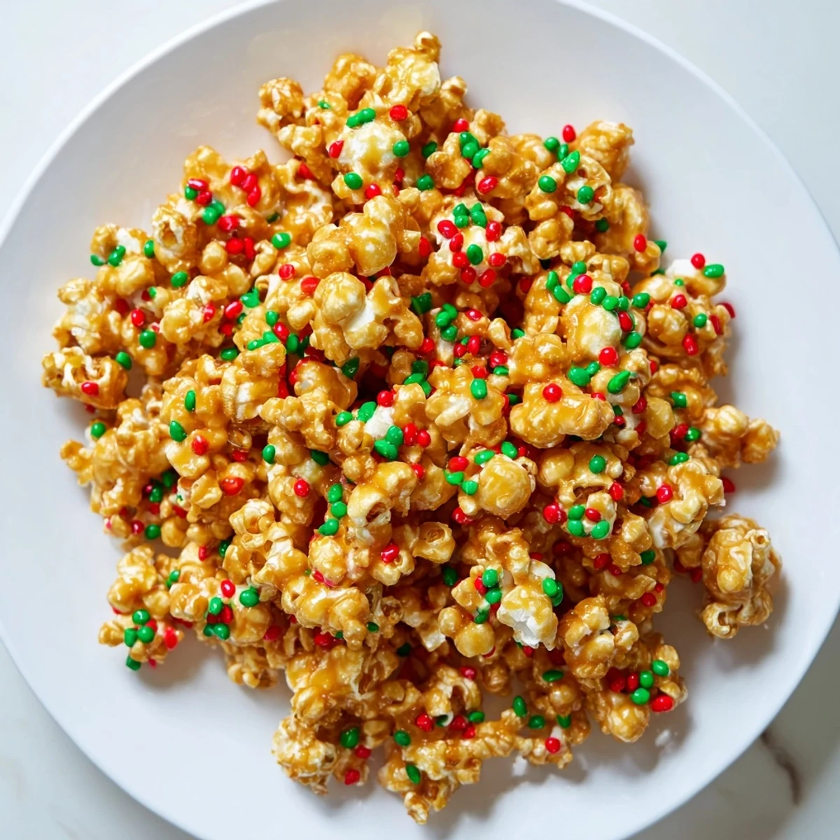 Golden popcorn clusters glistening with sticky coating, sprinkled with festive red and green sprinkles, making the perfect Popcorn Piles.