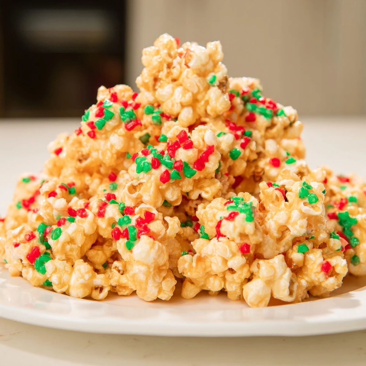 Sweet, crunchy Popcorn Piles featuring vibrant red and green sprinkles, a classic American treat ideal for easy holiday snacks.