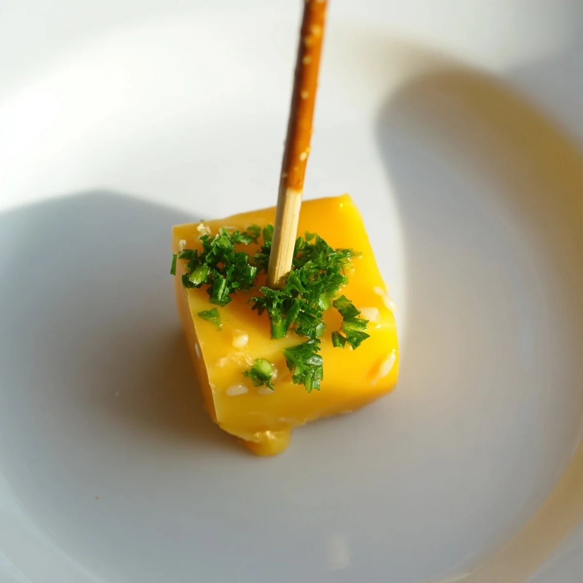 Sharp cheddar cheese cubes on pretzel sticks: a simple yet festive New Year's Eve appetizer.