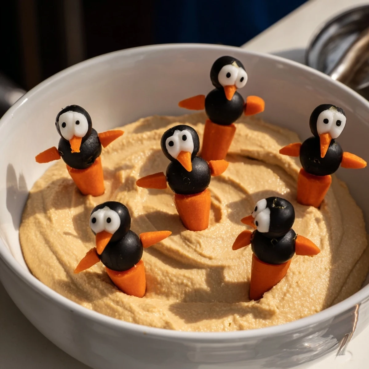 Creamy Winter Dip, a white bean dip topped with adorable olive penguin garnishes for a fun appetizer.