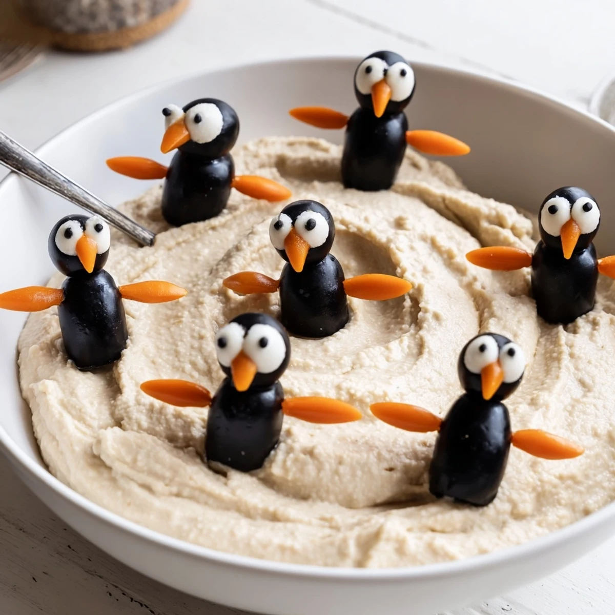 Mediterranean Winter Dip, a flavorful appetizer, featuring a creamy white bean base and penguin decorations.