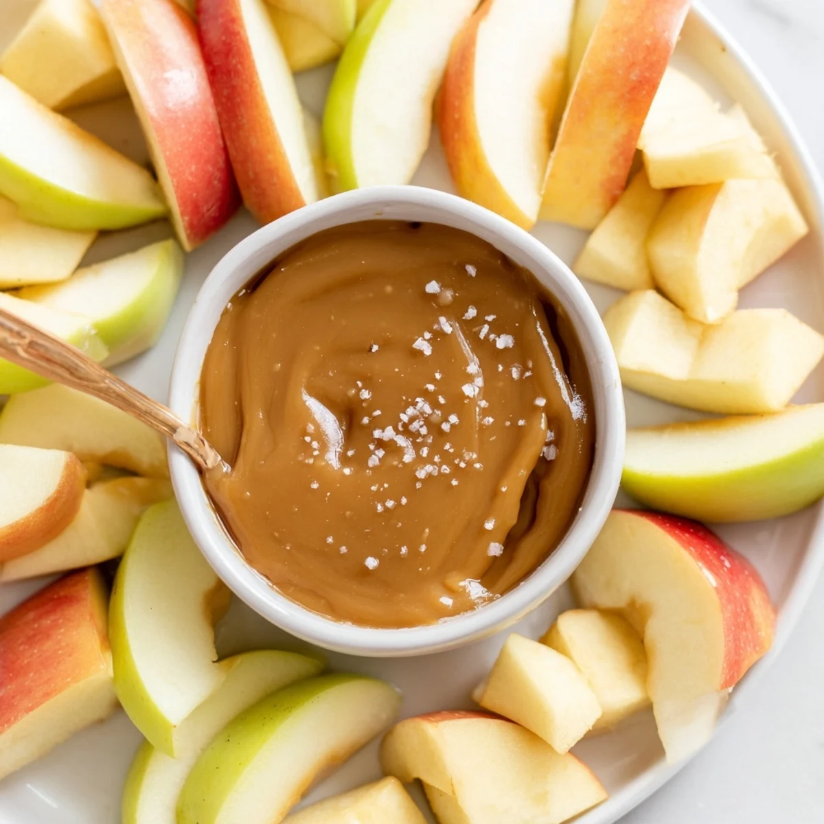 Fresh, juicy apple slices surrounding warm, glistening caramel dip for serving.