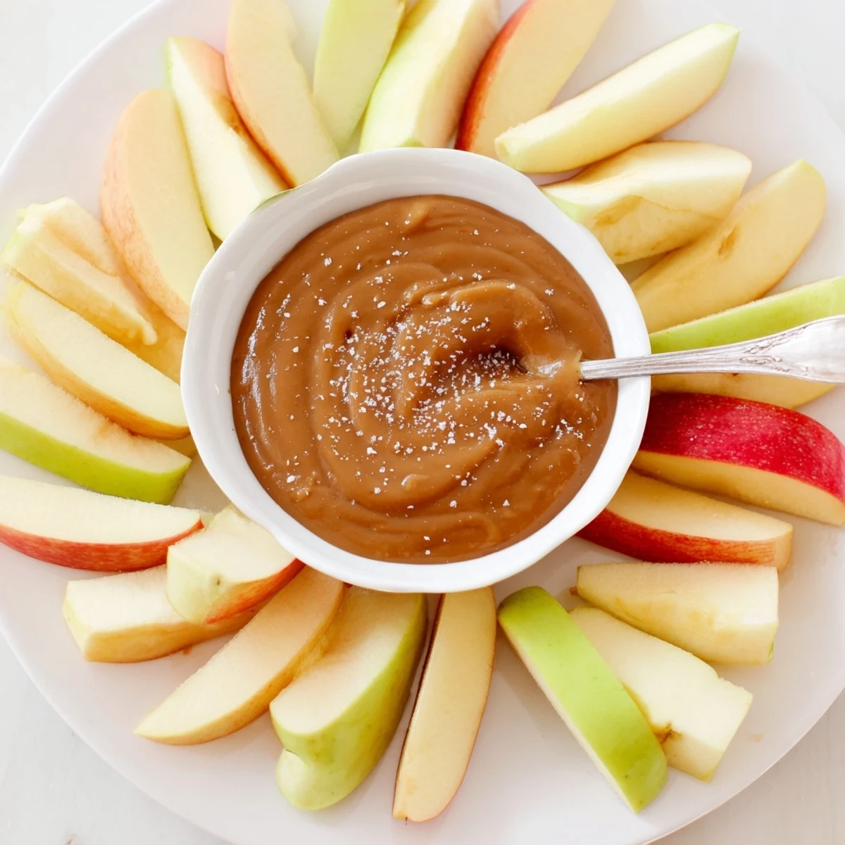 Vibrant arrangement of apple slices showcasing a decadent, homemade Caramel Dip center.