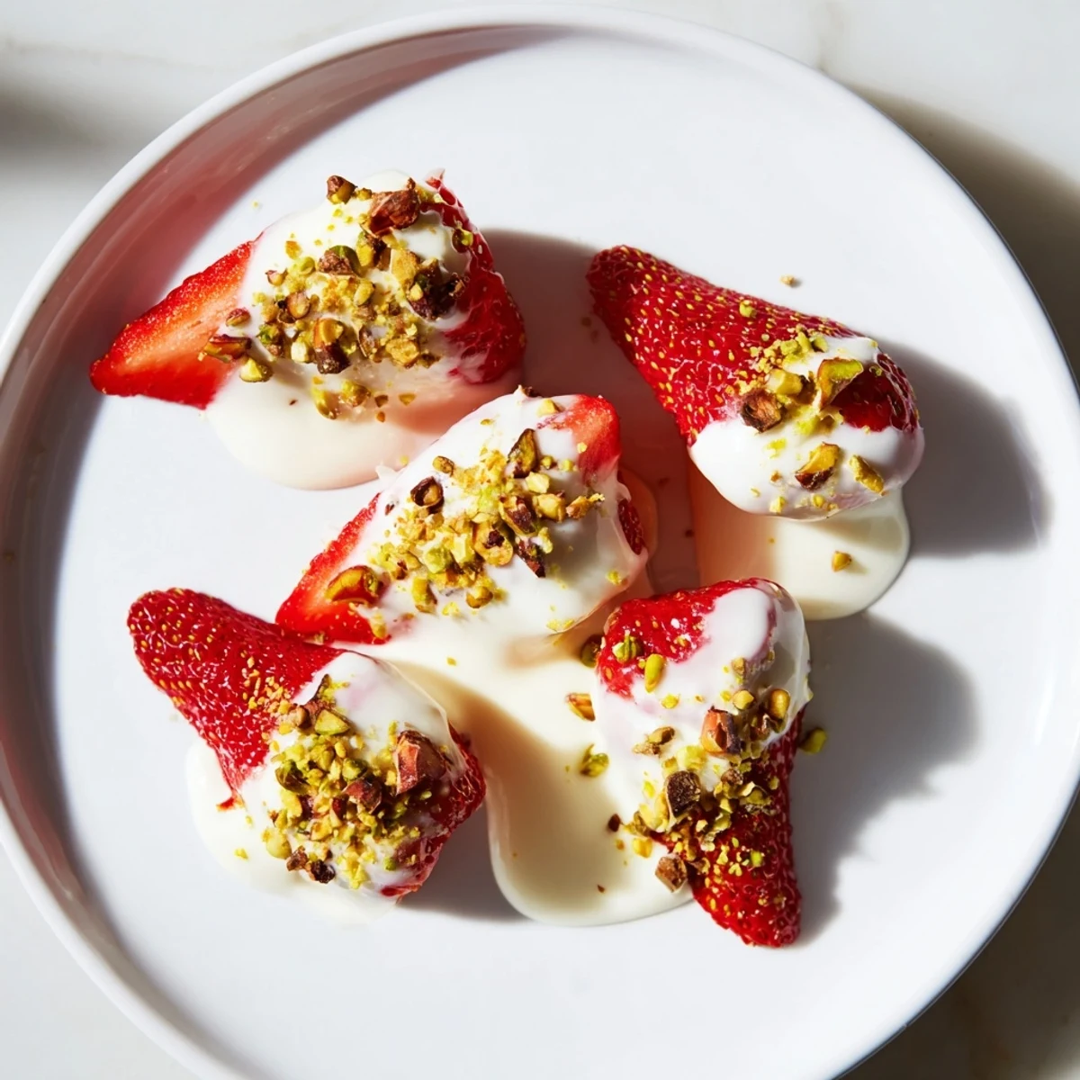Fresh, half-circle yogurt dipped strawberries, a creamy, sweet treat perfect for a light dessert.