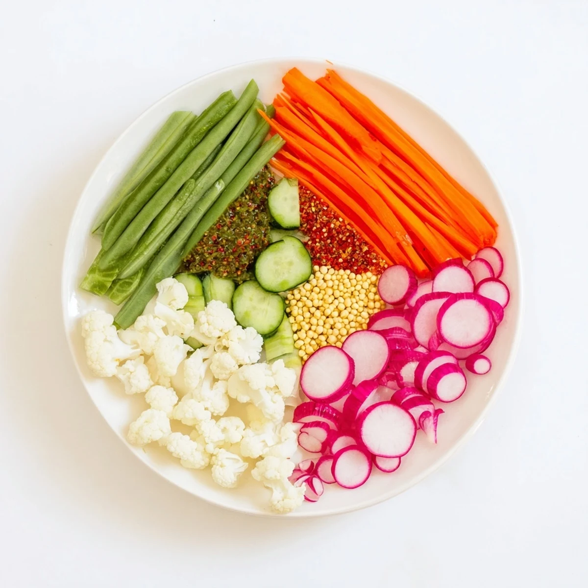 A colorful close-up of The Pickled & Fermented Feast, a vibrant appetizer with various pickled vegetables.