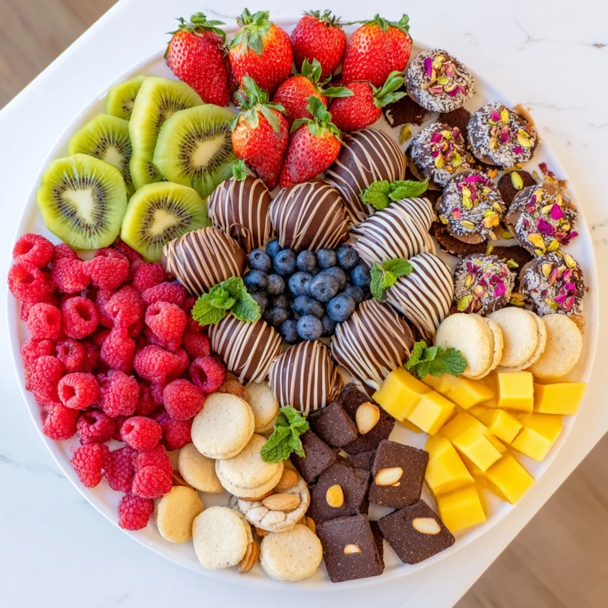 Showstopping Sweet Dessert Decadence featuring artfully arranged fruits and sweets drizzled with melted chocolate, ready to serve.