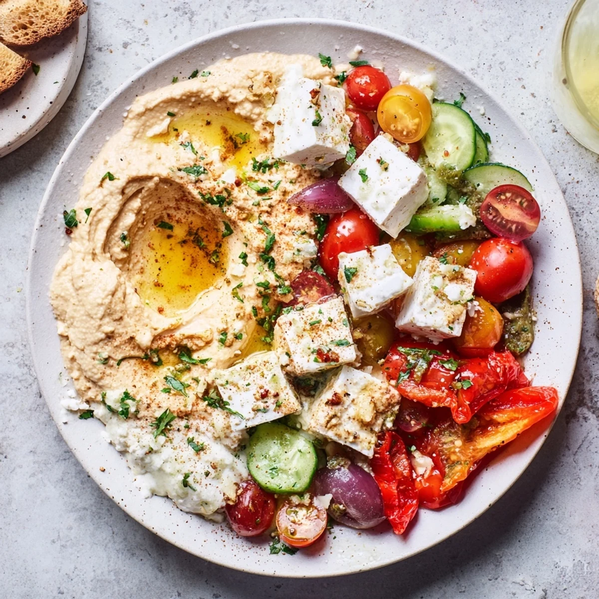 Vibrant Mediterranean Mezza Platter with creamy hummus, feta, and fresh veggies ready to enjoy.