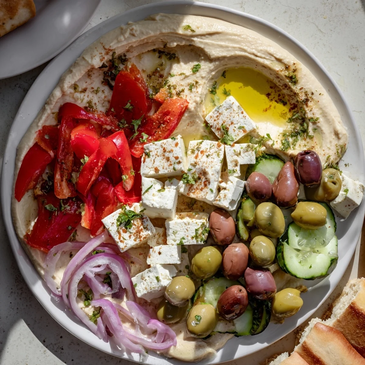 A close-up view of the delicious Mediterranean Mezza Platter featuring an assortment of flavorful appetizers.