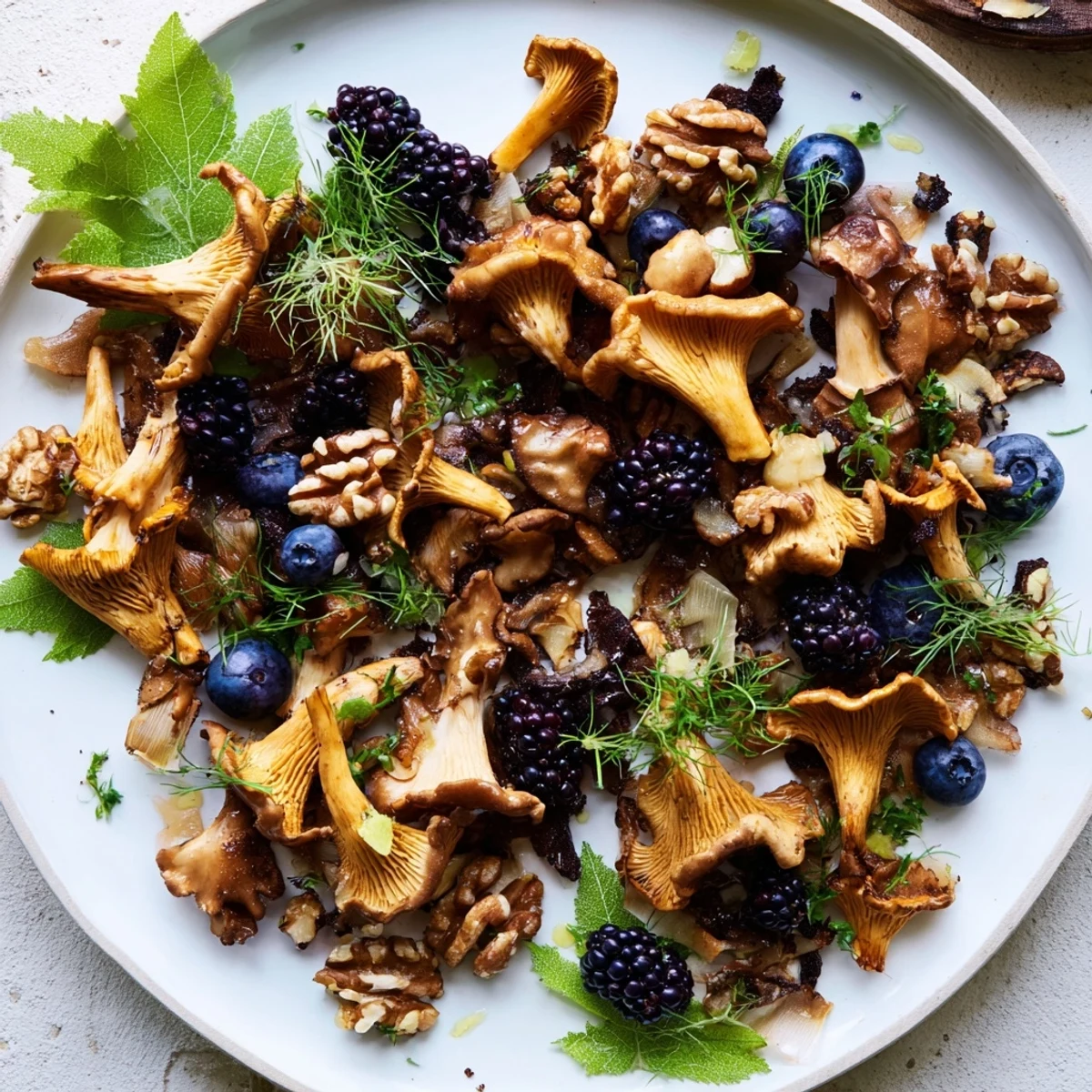 Sautéed mushrooms, berries, and nuts compose this stunning Northwest Forest Forager salad appetizer.
