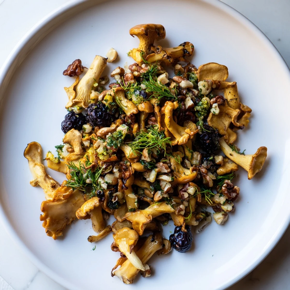 A vibrant close-up of the Northwest Forest Forager: earthy mushrooms, fresh berries, and toasted nuts.