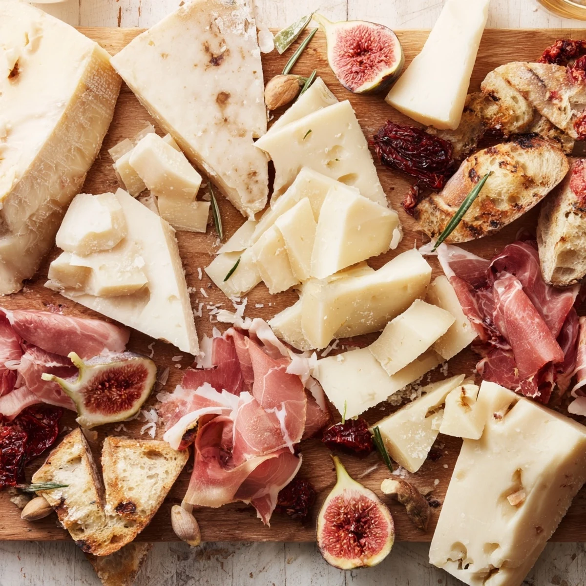 Visualize the Rustic Italian Farmhouse Board: a wooden platter overflowing with savory antipasto ingredients, ready to eat.