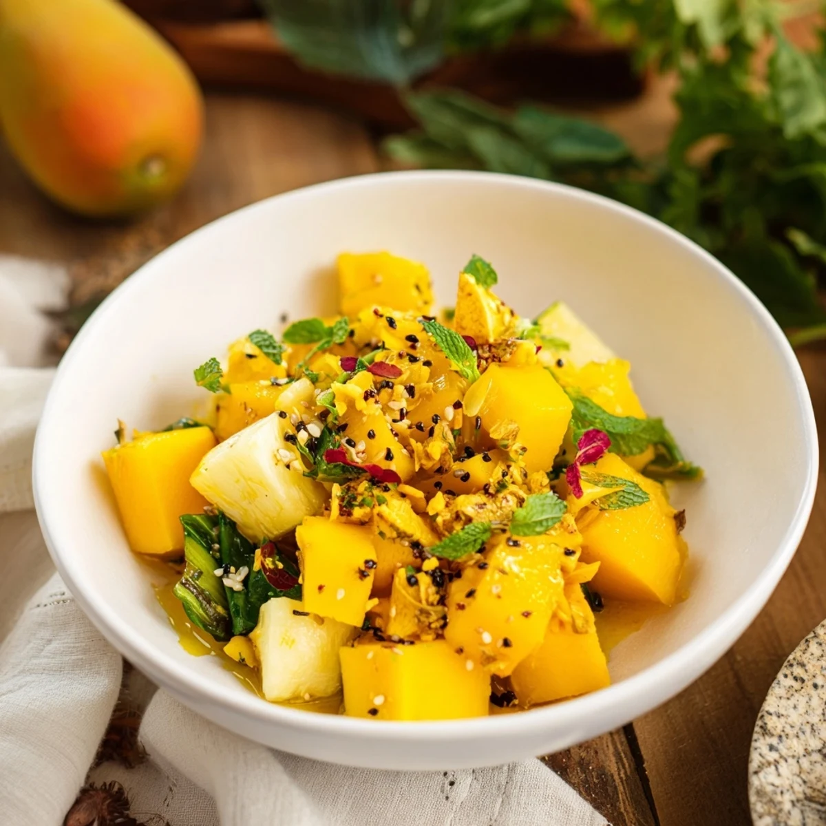 Vibrant "Sunlit Glade" salad: a bright medley of yellow fruits, atop fresh kale and herbs.