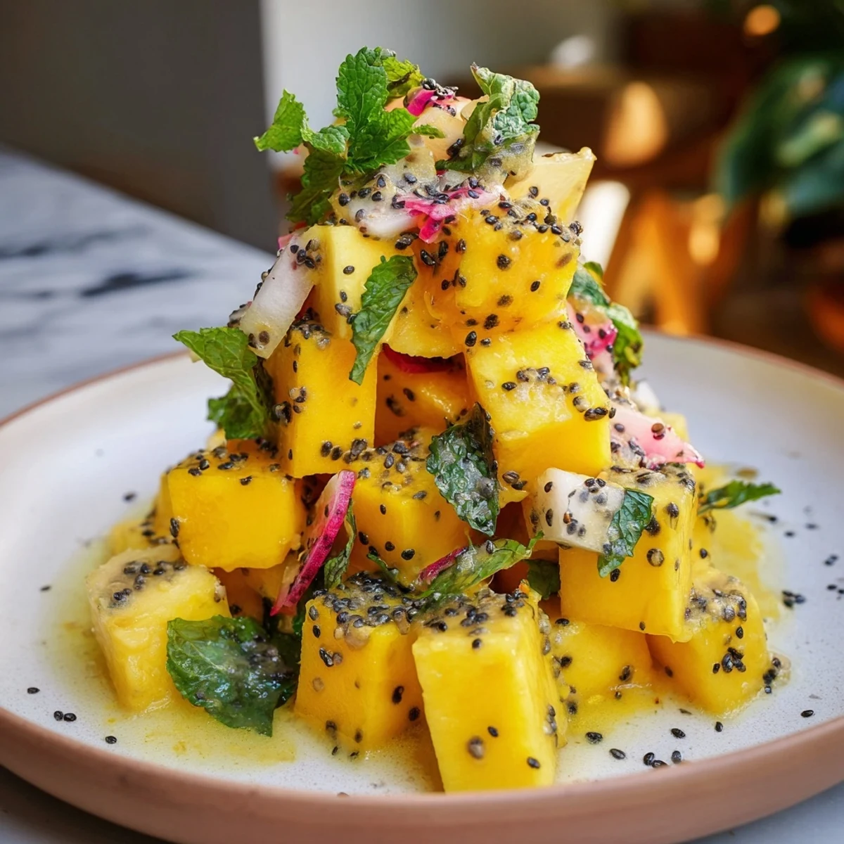"The Sunlit Glade" salad showcases juicy mangoes, pineapple and peaches in a delightful ensemble.