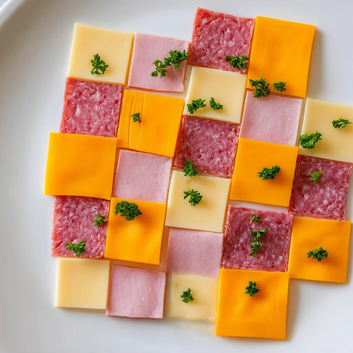 A patchwork quilt appetizer displays beautiful meats and cheeses, stitched with mustard lines.
