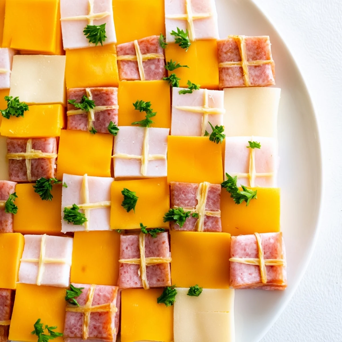 This colorful patchwork quilt appetizer offers a delicious assortment of meats and cheeses for serving.