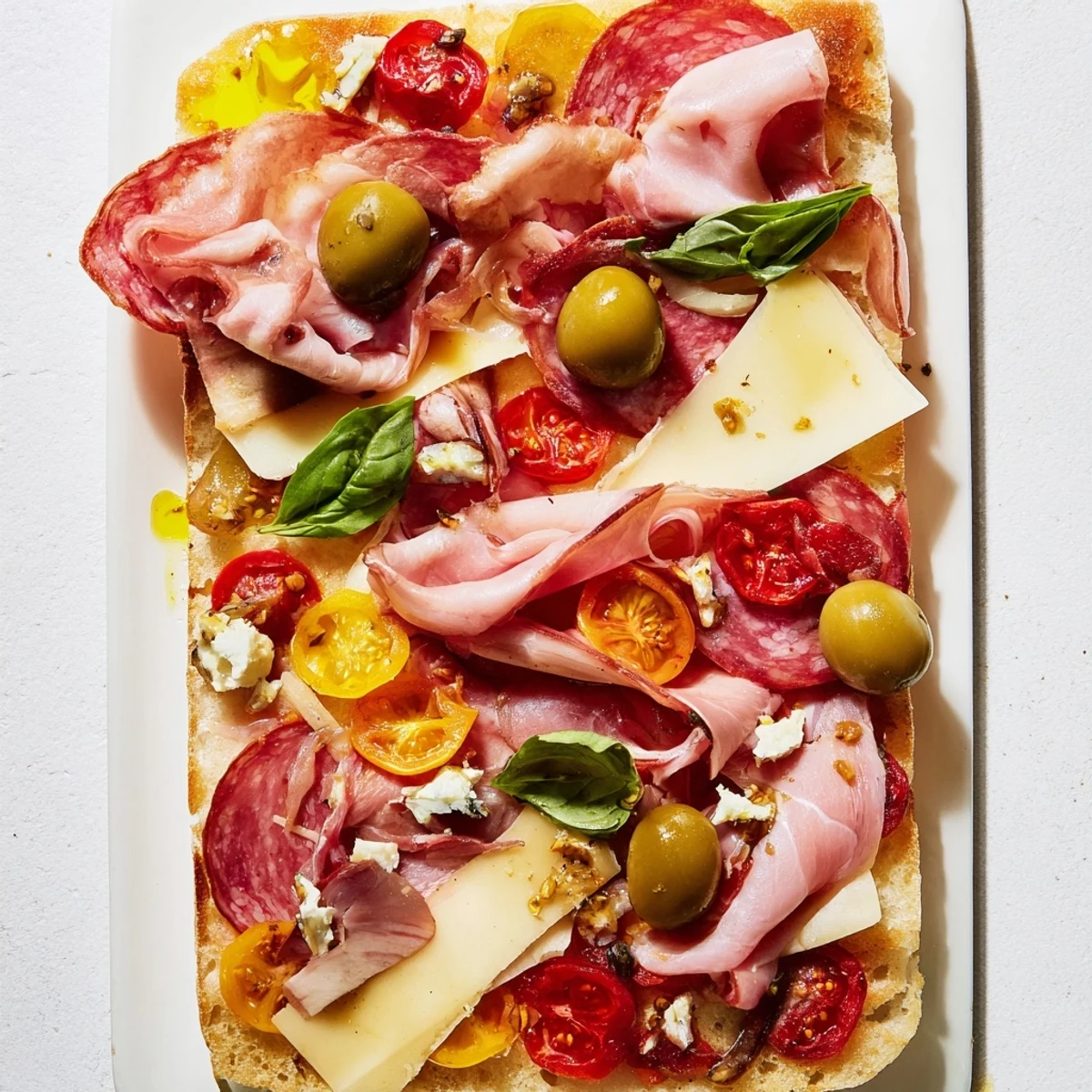 Artisan The Rustic Raft flatbread appetizer, loaded with sliced meats, cheeses, and colorful garnishes.