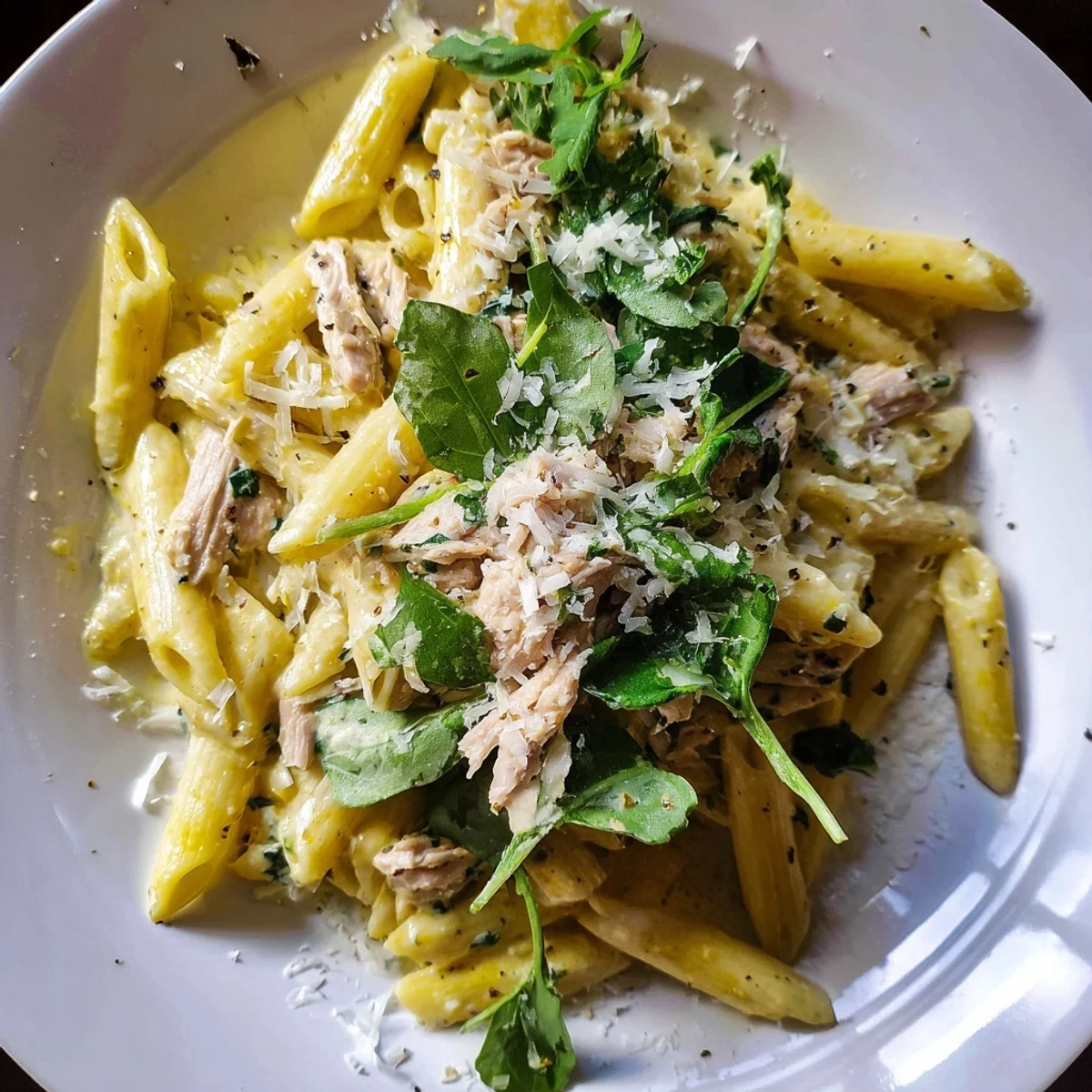A steaming bowl of One-Pot Creamy Spinach & Turkey Christmas Pasta garnished with parsley offers a flavorful bite.
