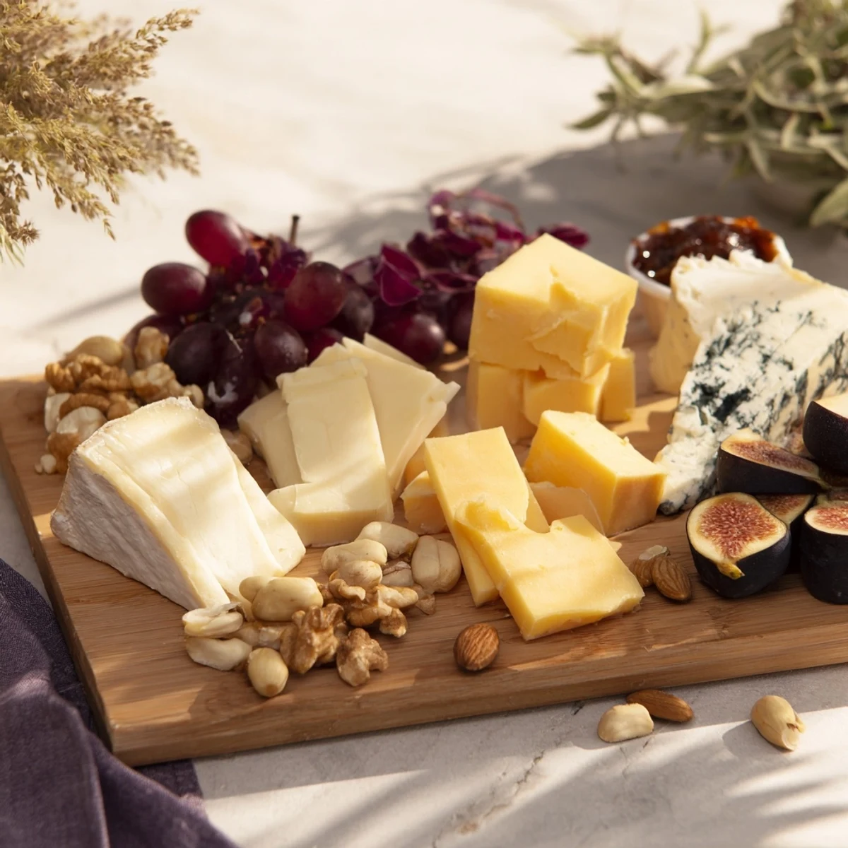 A bountiful Waterfall Edge Grazing Board overflowing with cheese, fruits, and crackers looks delicious.