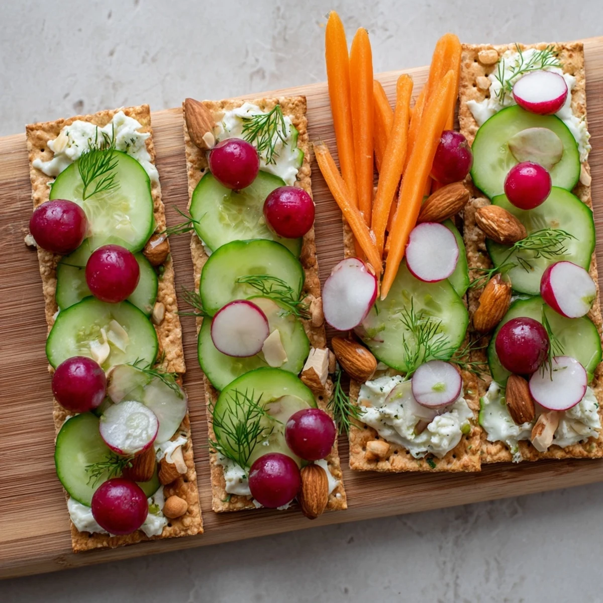 The Zen Balance platter features artfully arranged fresh vegetables, goat cheese, with gluten-free crackers.