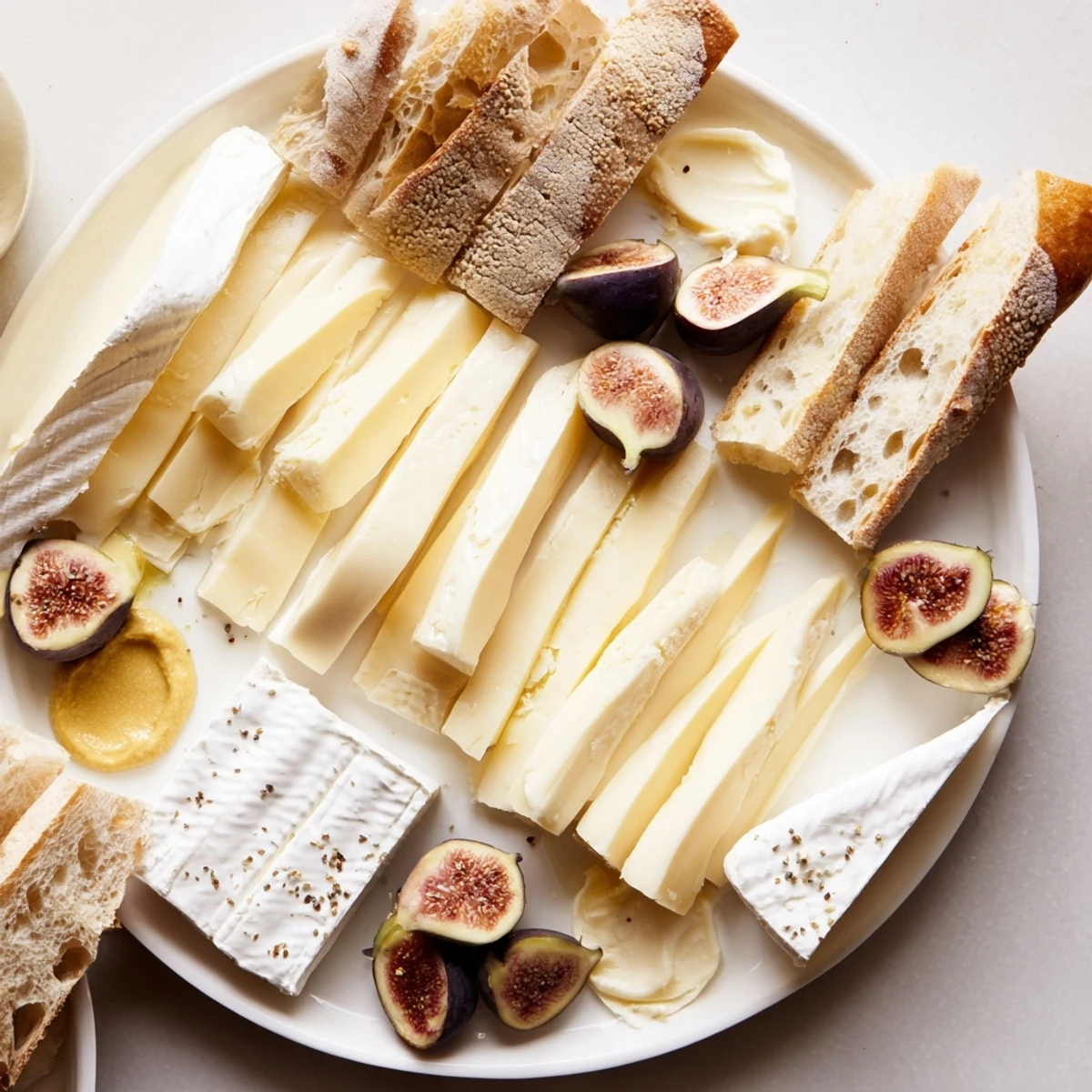 An artfully arranged French Bistro Elegance platter, showing creamy cheeses, crusty baguette slices, and figs.