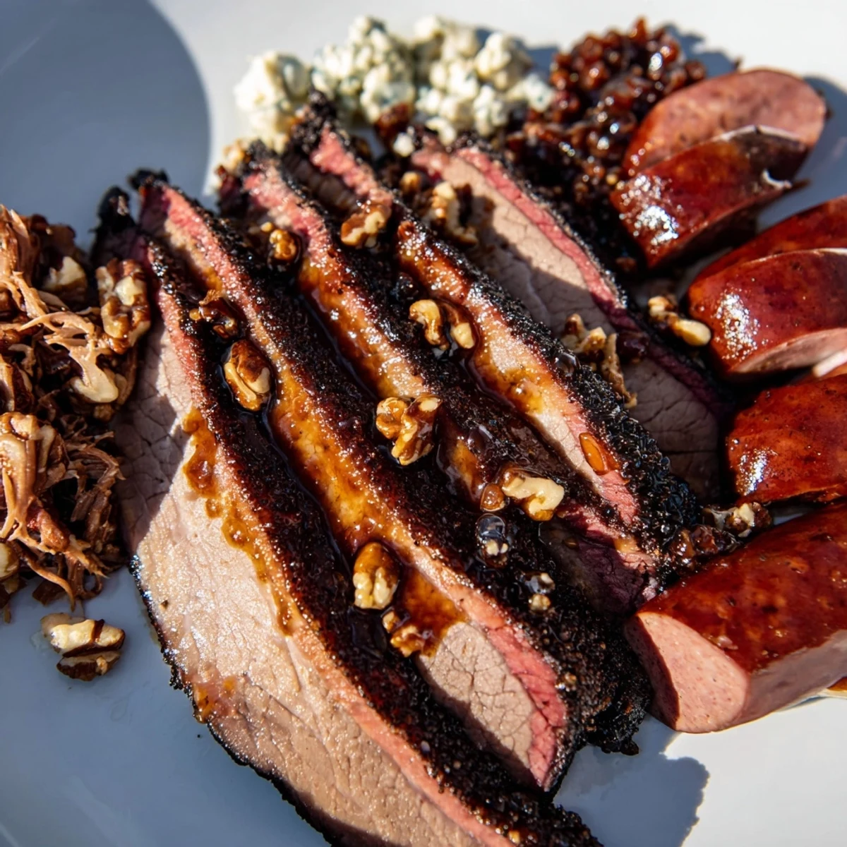 Delicious Smoky BBQ & Bourbon Companion charcuterie board, with glistening meats and creamy cheeses showcased.