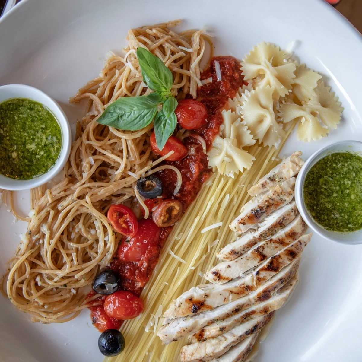 Girl Dinner Pasta Board, a colorful pasta platter with grilled chicken and diverse sauces, ready to share.