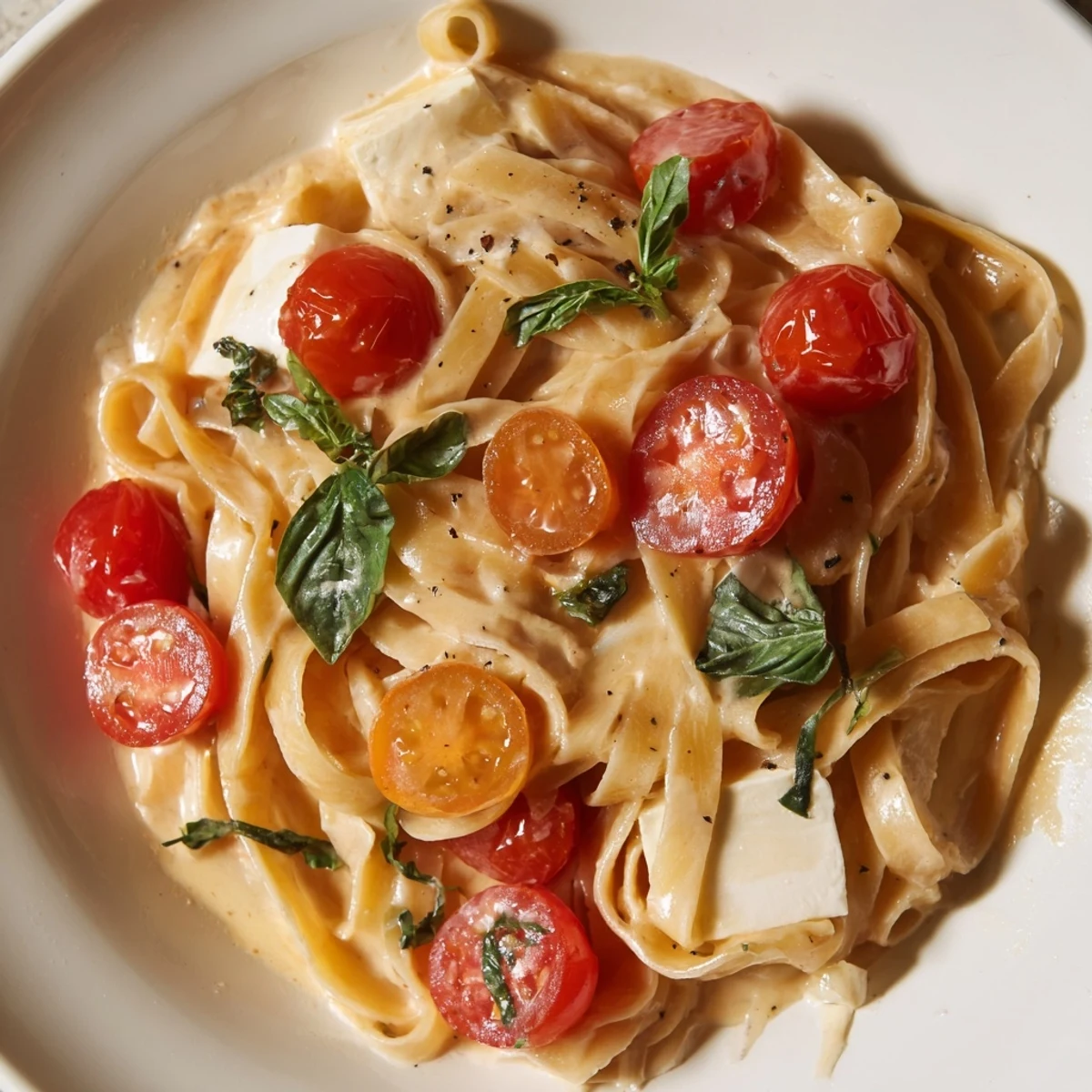 A bubbling dish of Baked Brie Pasta Sauce, creamy and rich, over fettuccine, ready to serve.