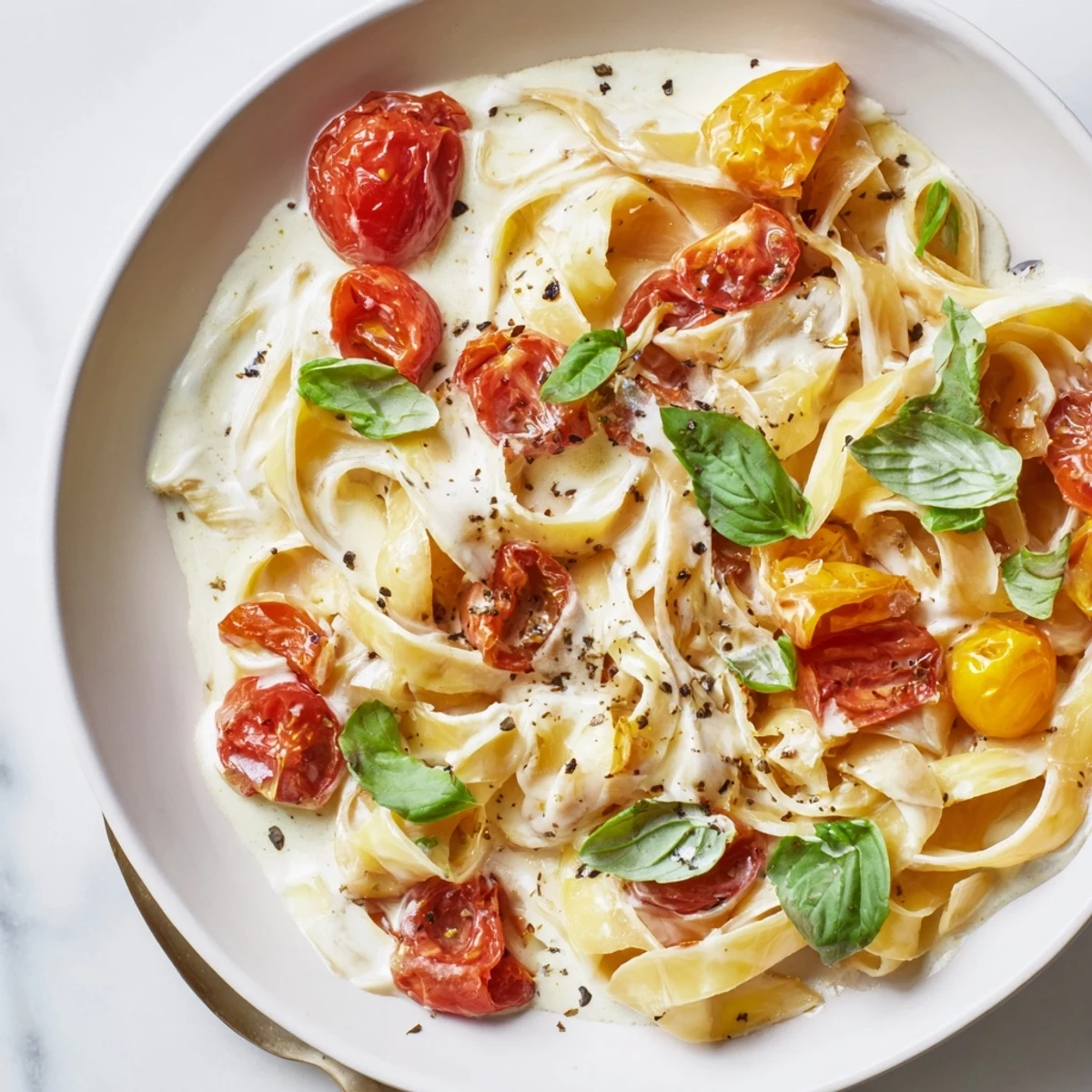 The warm, gooey Baked Brie Pasta Sauce is mixed with roasted tomatoes and herbs, a comfort meal.