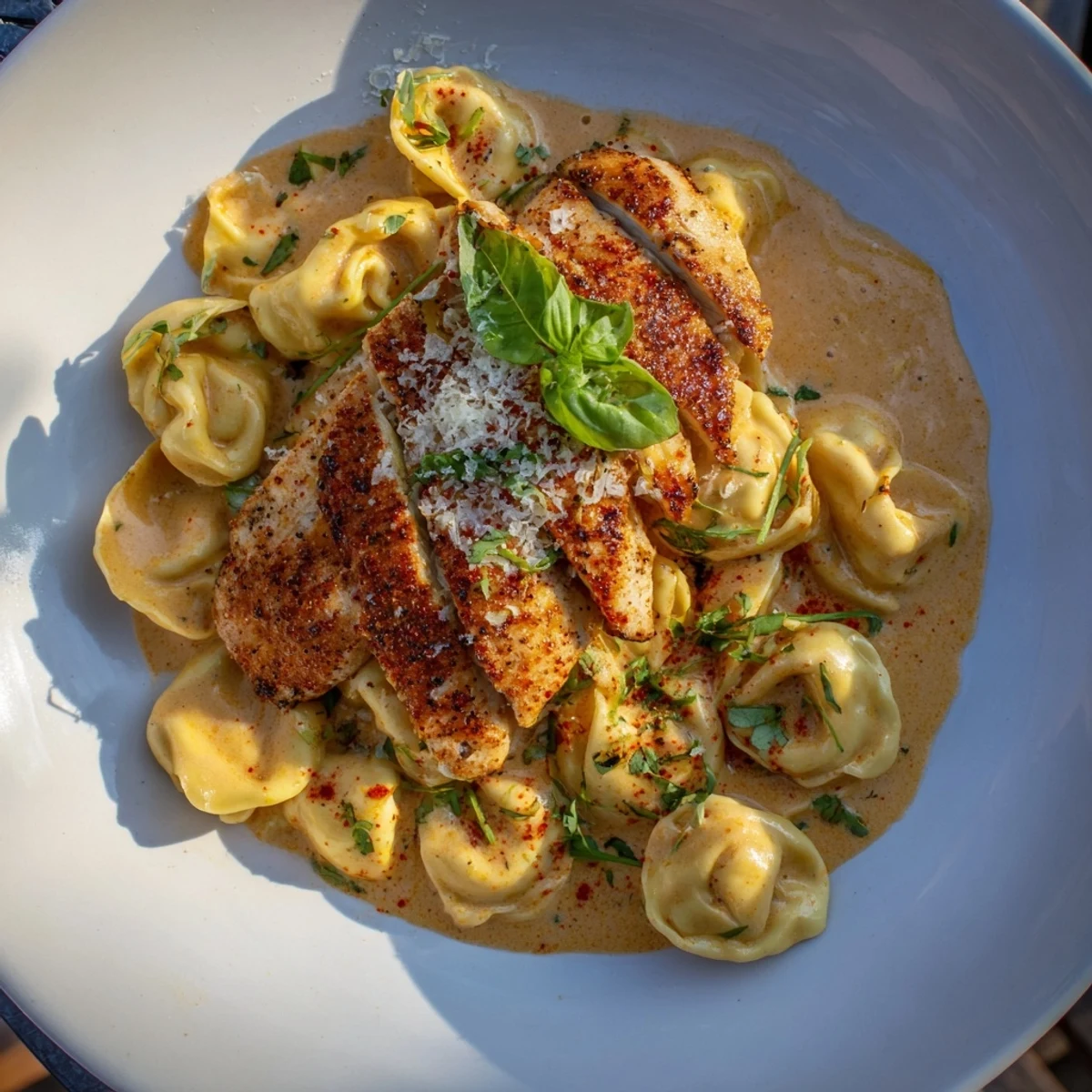 Marry Me Chicken Tortellini with creamy sauce and fresh basil, ready for a delicious Italian-American dinner.