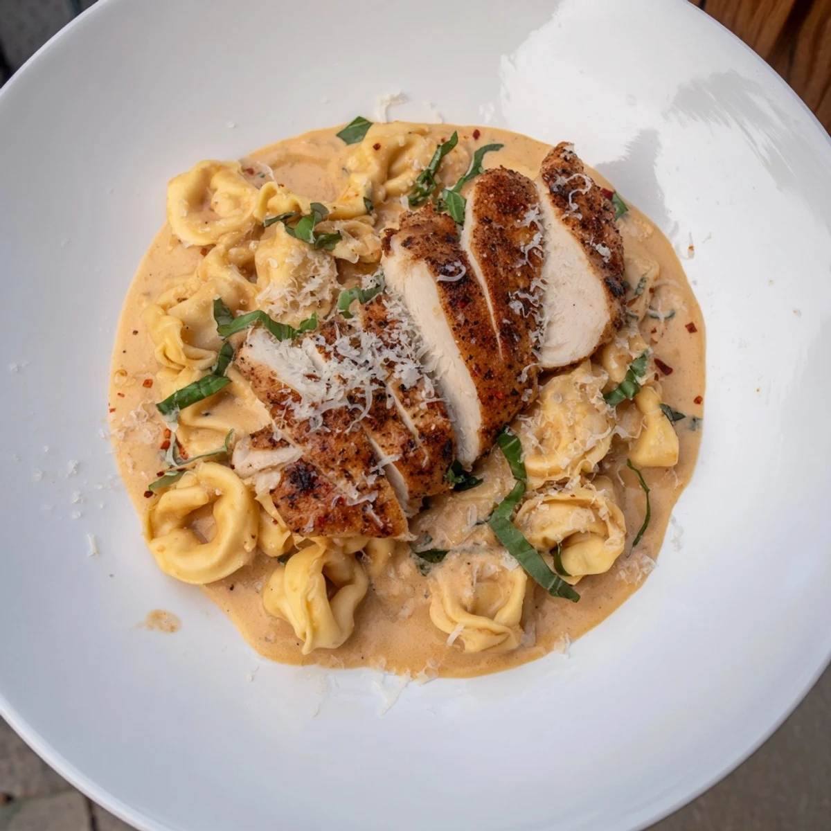 A close-up of Marry Me Chicken Tortellini, overflowing from a bowl, showcasing its rich, creamy texture.