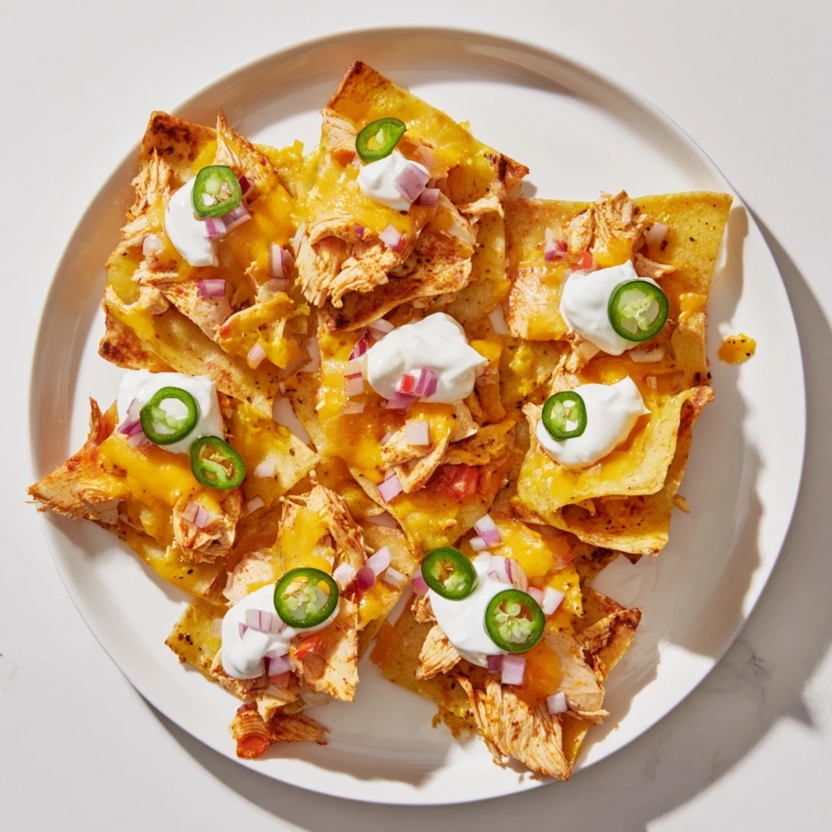 Pasta Chip Nachos piled high with melted cheese and spicy taco chicken, ready to serve.
