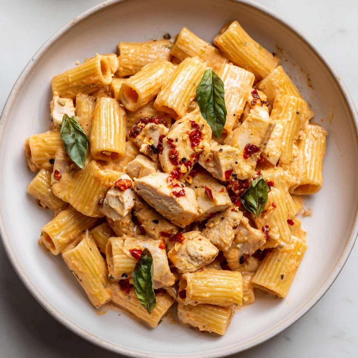 Creamy Spicy Vodka Chicken Pasta, topped with fresh basil and extra Parmesan cheese, ready to enjoy.