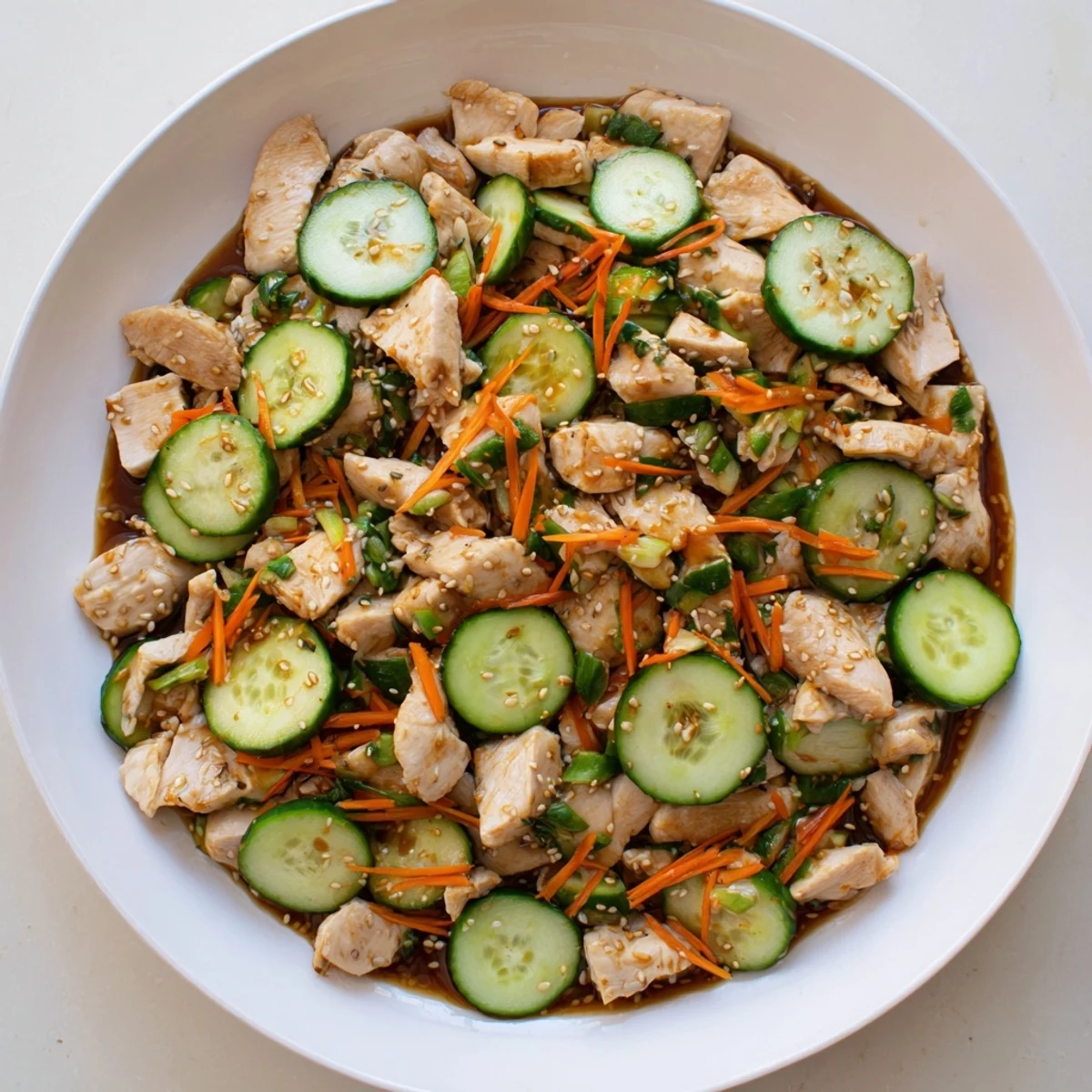 Deli Container Shaker Chicken Salad, fresh-looking with chicken, cucumber, and a vibrant sesame dressing.