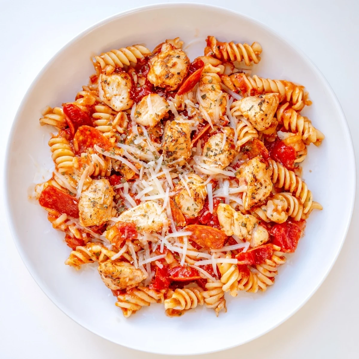 Steaming hot One-Pan Pizza Pasta overflowing with cheesy goodness in a family-sized pan.