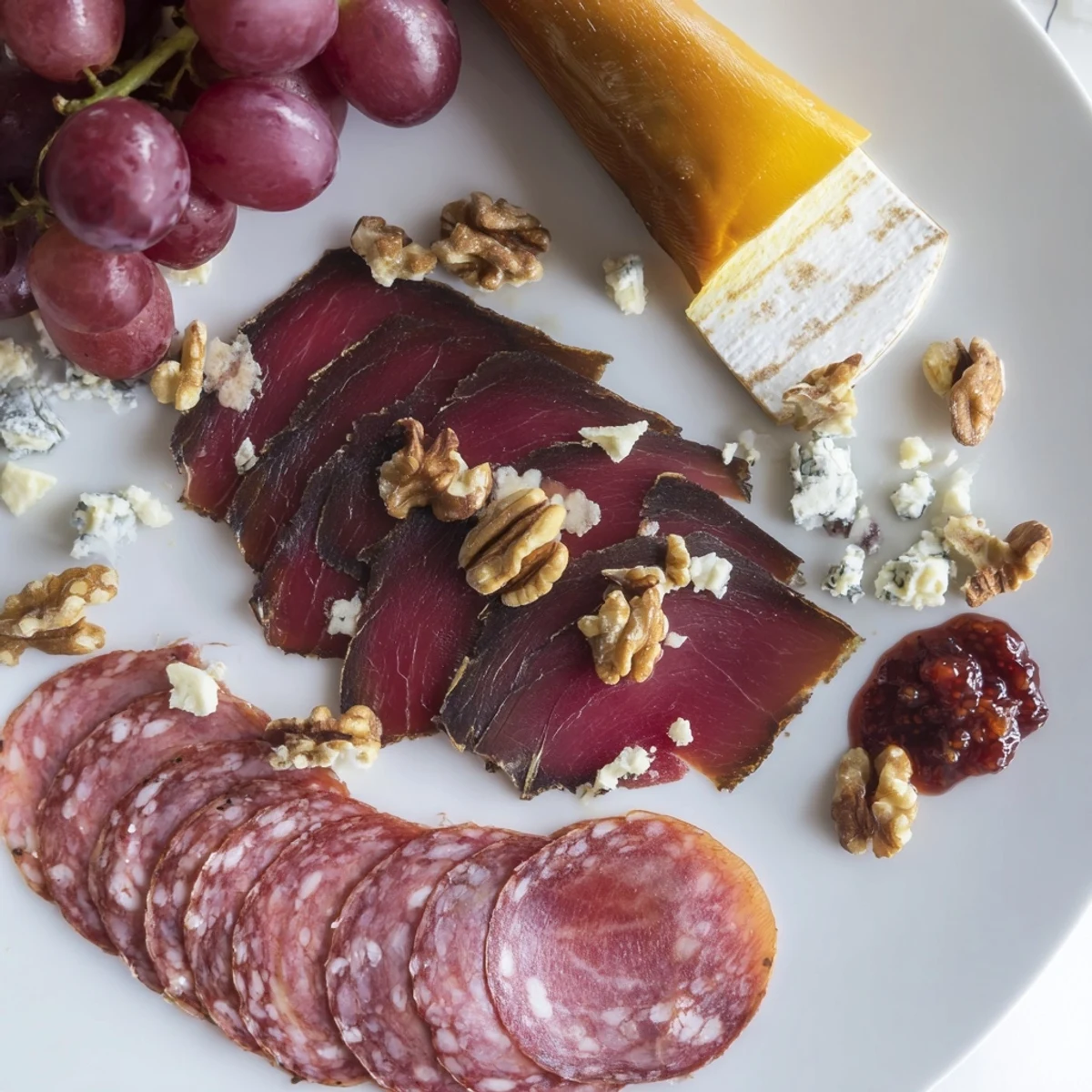 A close-up view of a bountiful Majestic Venison Charcuterie Platter with a variety of textures and flavors appealing.