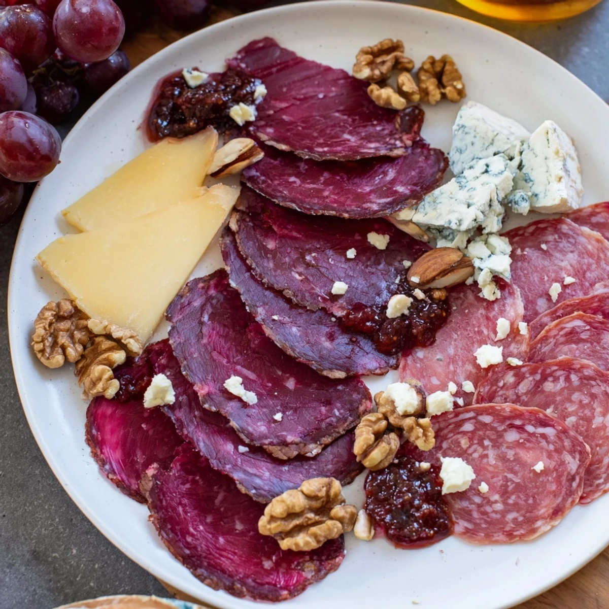 Beautifully arranged Majestic Venison Charcuterie Platter, showcasing cured meats, cheeses, and colorful fruits, perfect for entertaining.