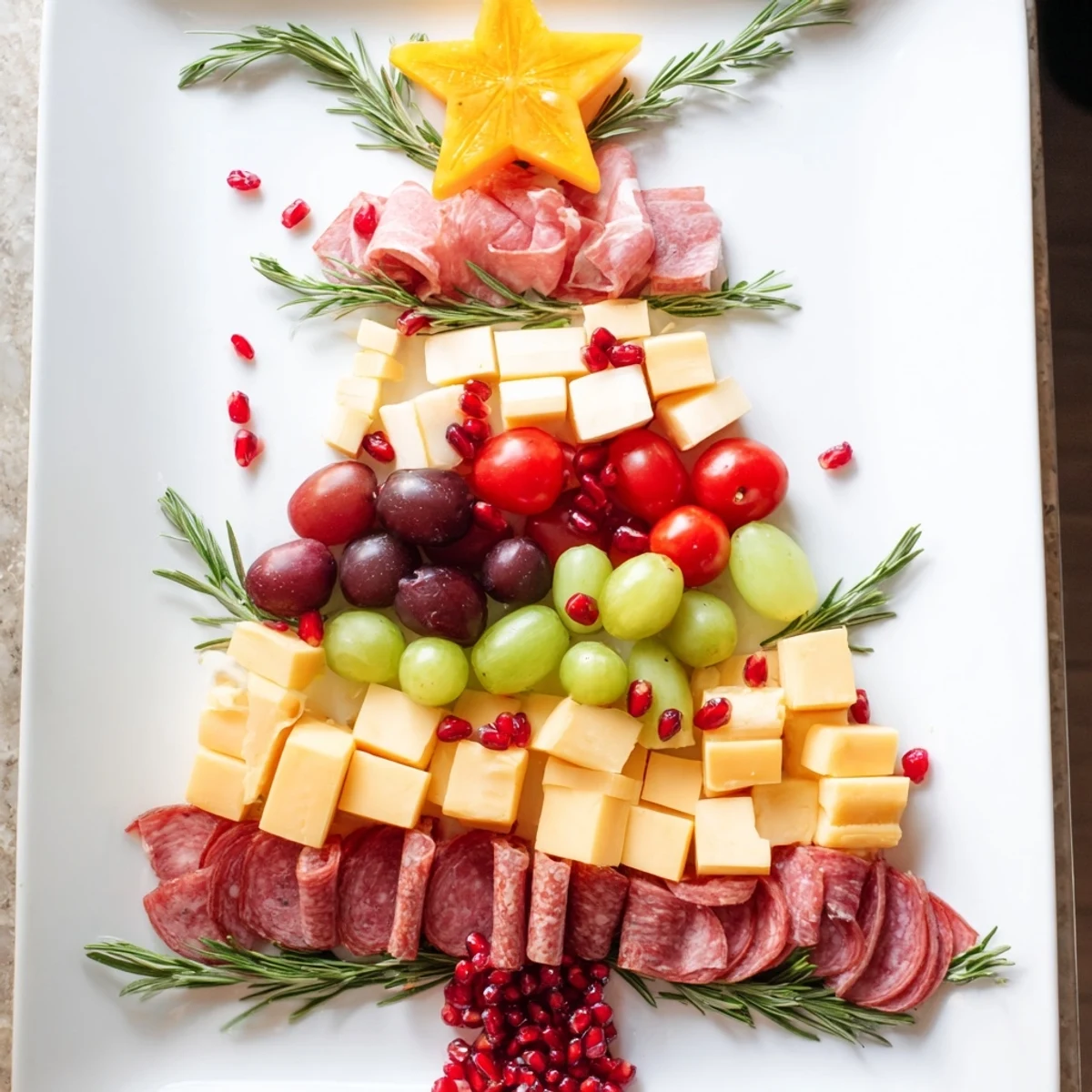 The Christmas Tree Charcuterie Dream sparkles with a festive cheese star on top, an appetizer for holiday joy.