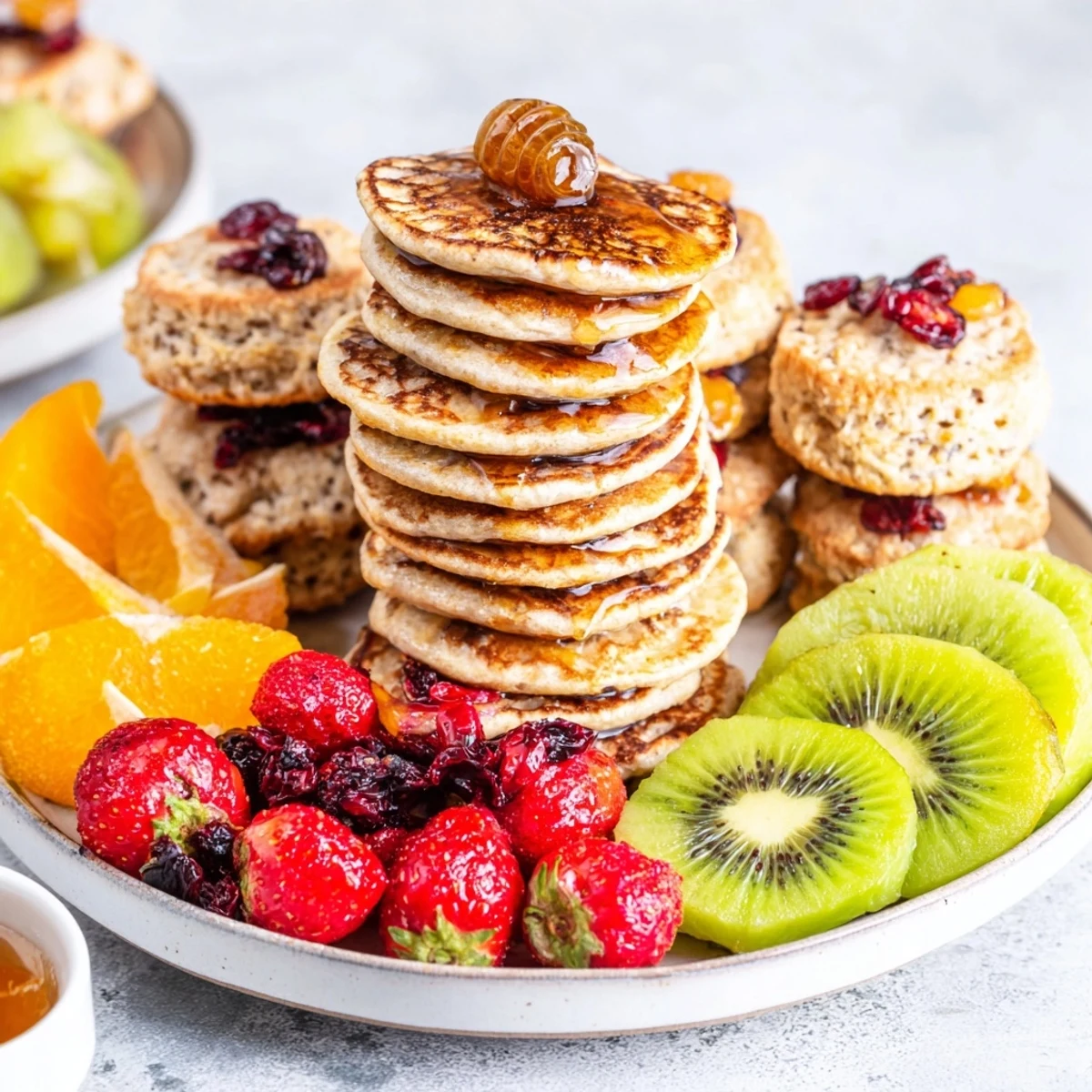 A visually appealing Breakfast Brunch Board Bliss, featuring tiny pancakes, scones, and fresh fruit for a crowd.