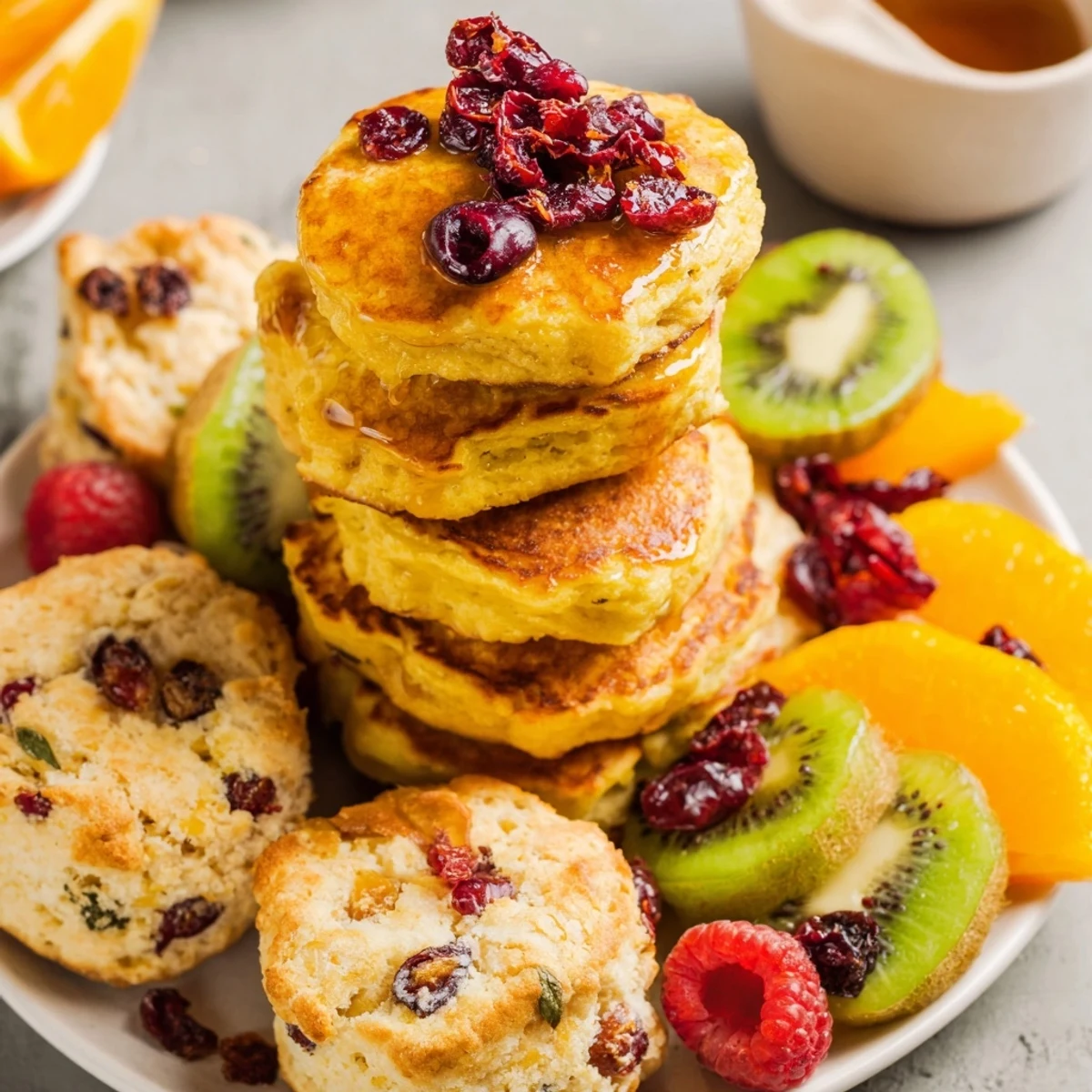 Golden mini pancakes and scones sit beside fresh fruit on this colorful Breakfast Brunch Board Bliss.