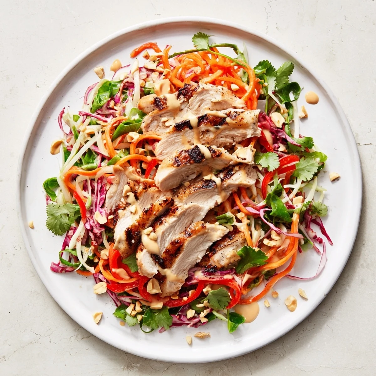 This colorful Carrot Ribbon and Chicken Slaw features tender chicken atop a bed of crisp, shredded veggies.
