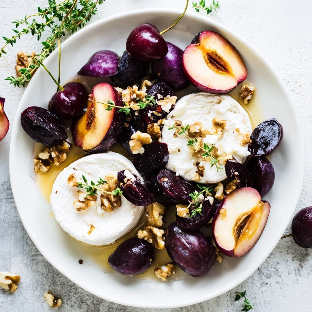 Midnight Orchard fruit platter with creamy cheese, dark fruits, and walnuts, ready to eat.