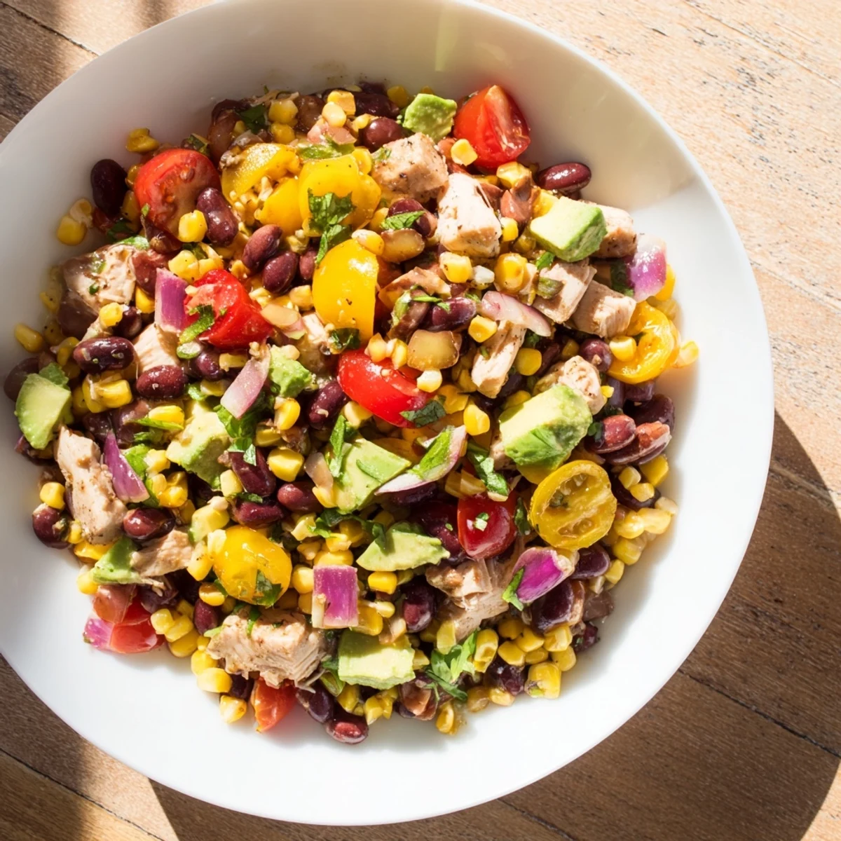This close-up shows a fresh, flavorful Dense Southwestern Bean Salad ready to be enjoyed.