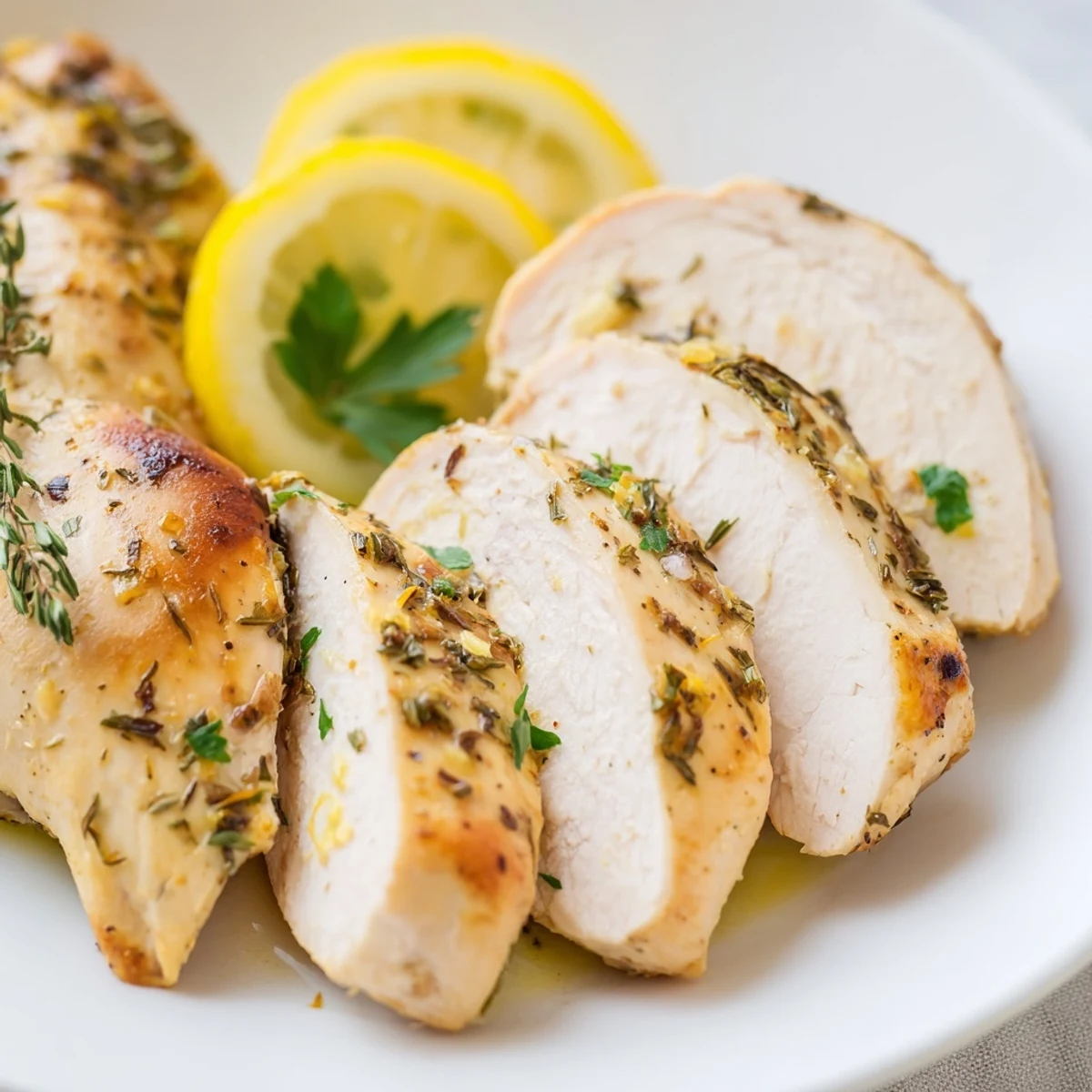 Juicy Greek Lemon Herb Chicken, served with fresh lemon wedges, offering a burst of Mediterranean zest.