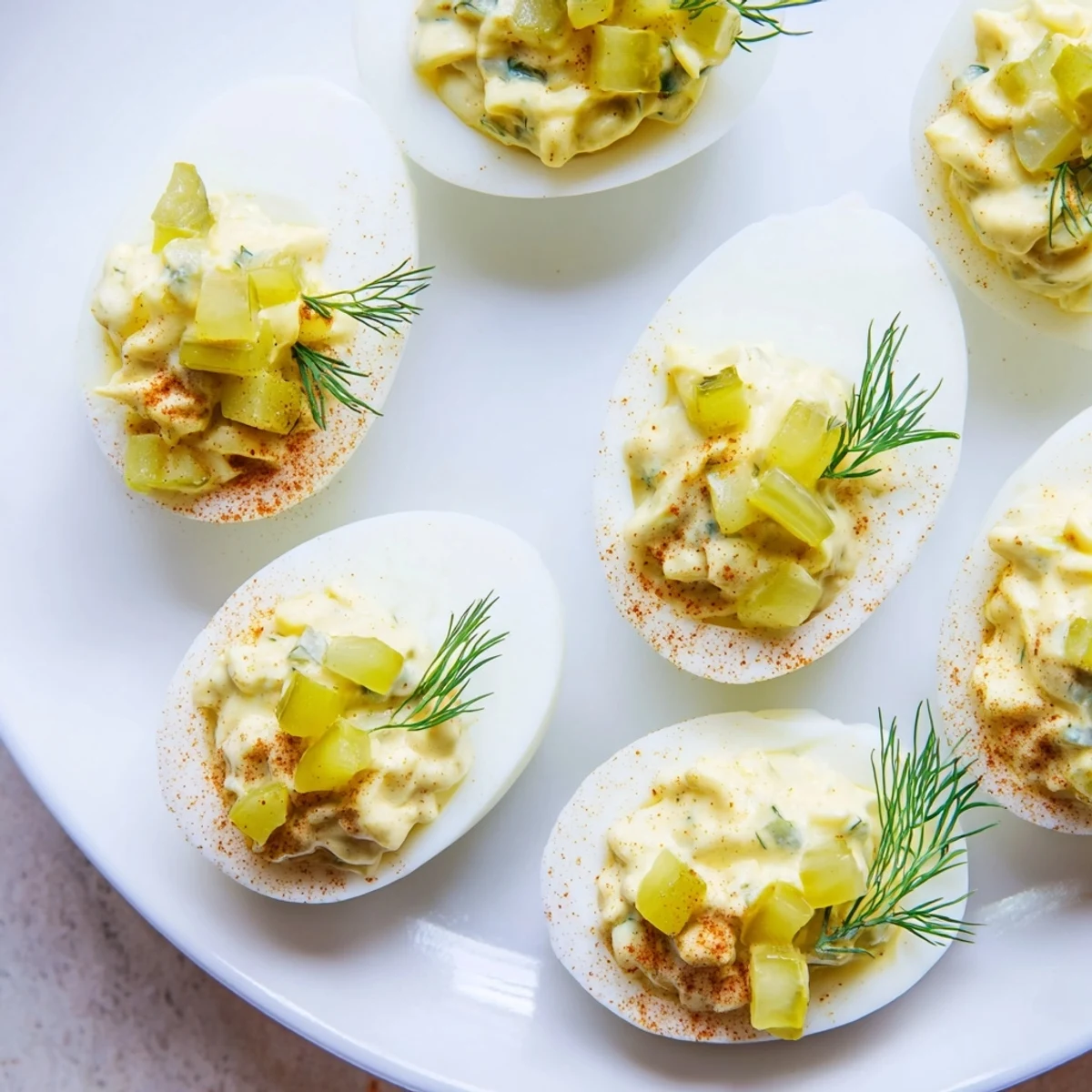 Cool, creamy platter of deviled eggs with dill pickle, showing perfect filling detail.