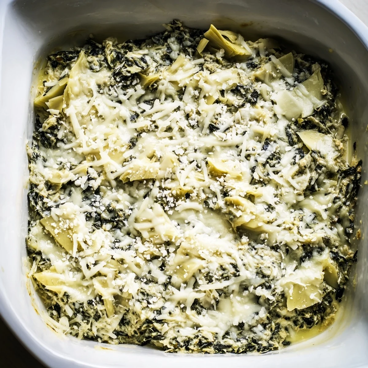 Warm, bubbly Cheesy Spinach Artichoke Dip, fresh from the oven, ready to be scooped up.