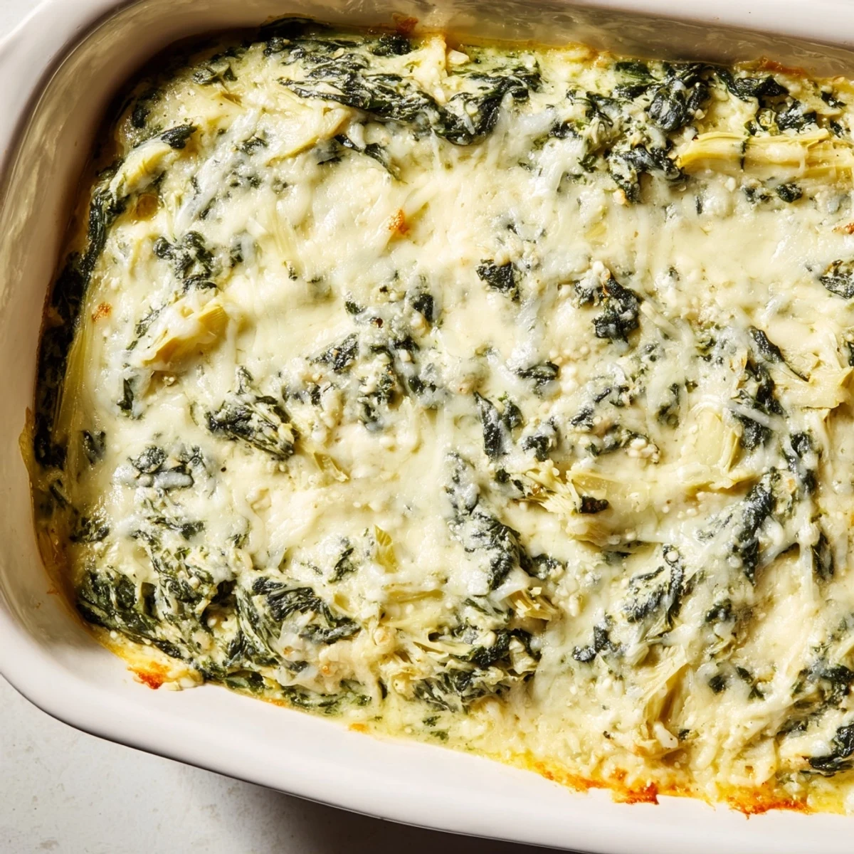 A creamy skillet of Cheesy Spinach Artichoke Dip, full of melted cheese and artichoke hearts.
