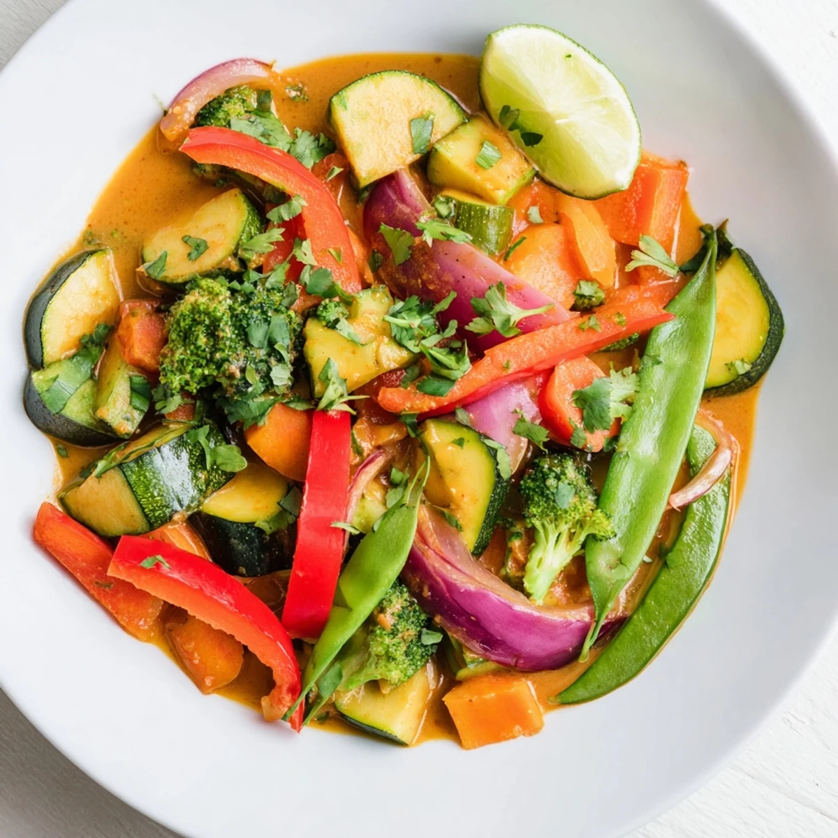 Steaming Coconut Curry Vegetables with vibrant colors ready to serve, garnished with cilantro.