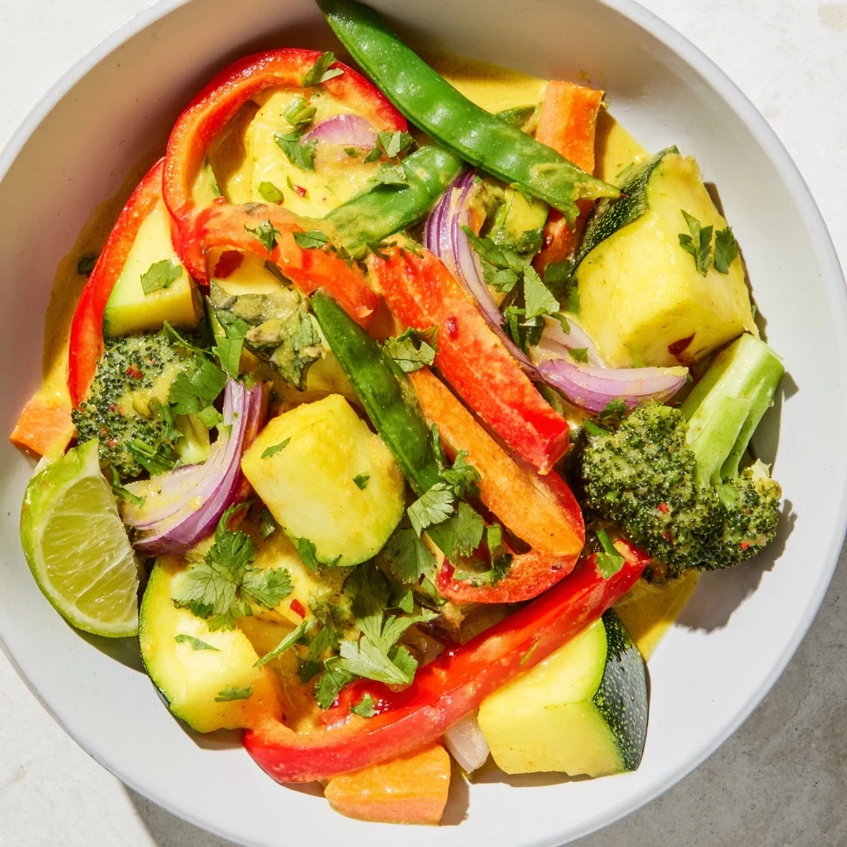 Close-up shot shows rich, savory Coconut Curry Vegetables, perfect for a warming vegan dinner.