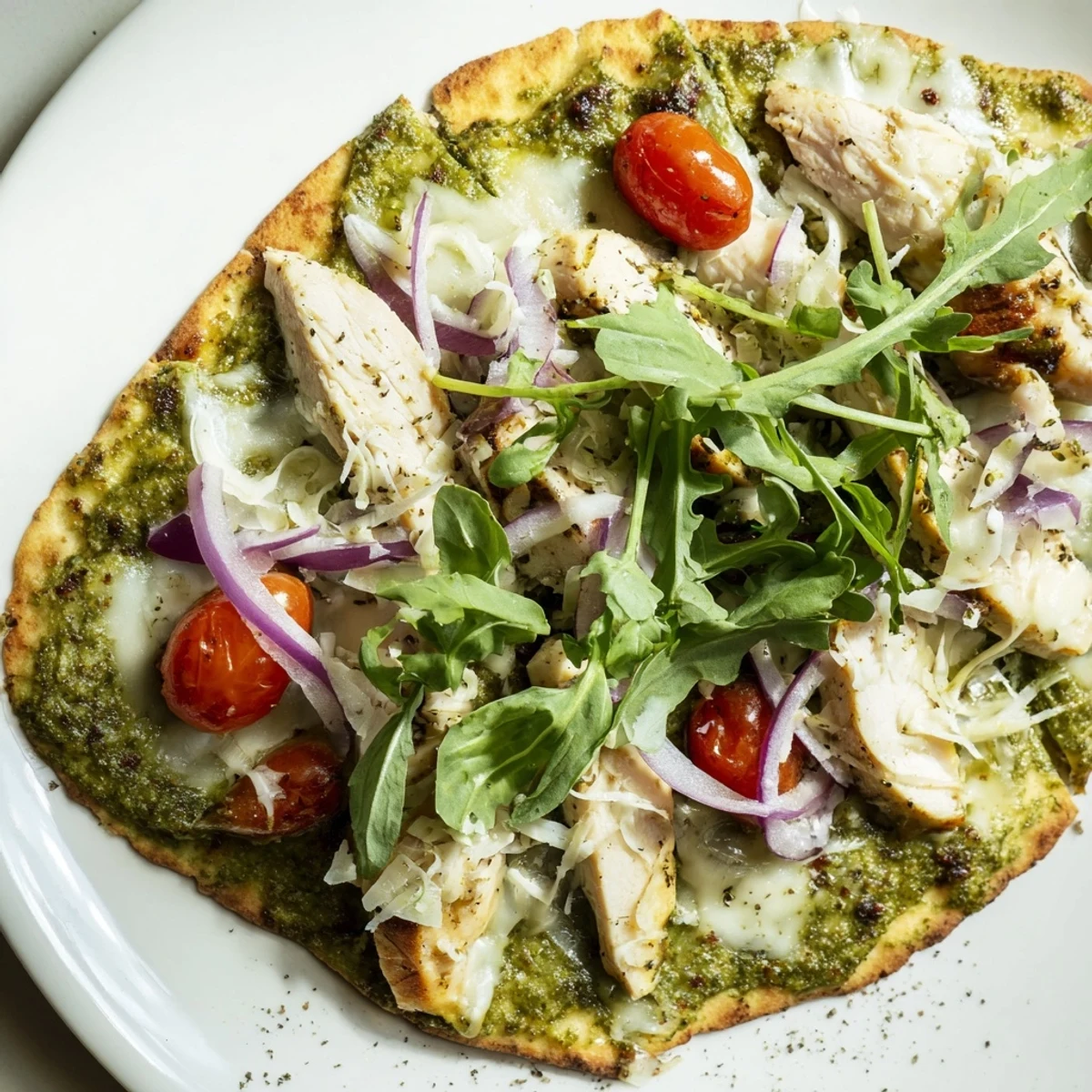 Golden-brown Pesto Chicken Flatbread with melty mozzarella and juicy cherry tomatoes, delicious!