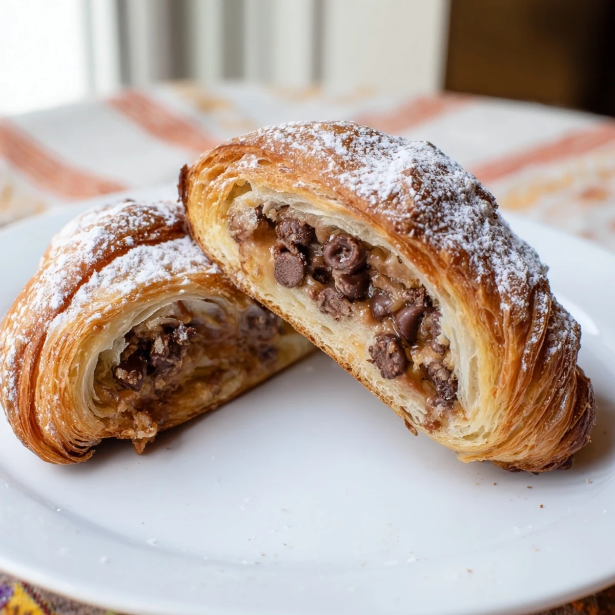 Golden, baked Cookie Croissant featuring flaky layers and a gooey, chocolate chip center for dessert.